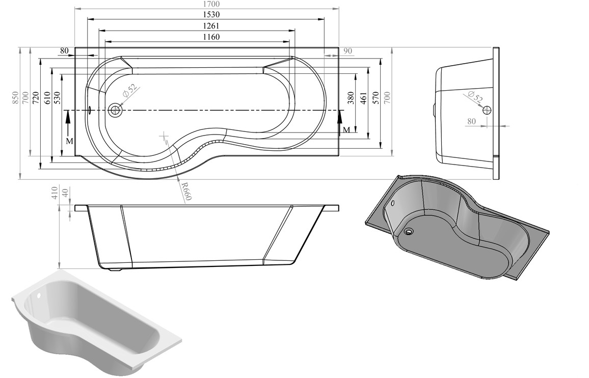 Arkaig P Shape 1700x850x560mm 0TH Shower Bath Pack (LH) - Image 2