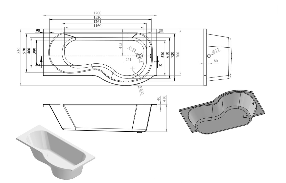 P-Shape 1700x700-850x410mm 0TH Shower Bath Panel & Screen (RH) - Image 2