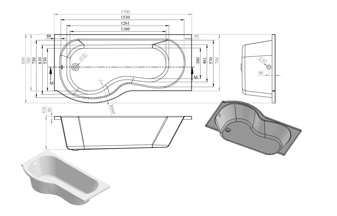 P-Shape Single End 1700x700-850x410mm 0TH Bath Only (LH) - Image 2