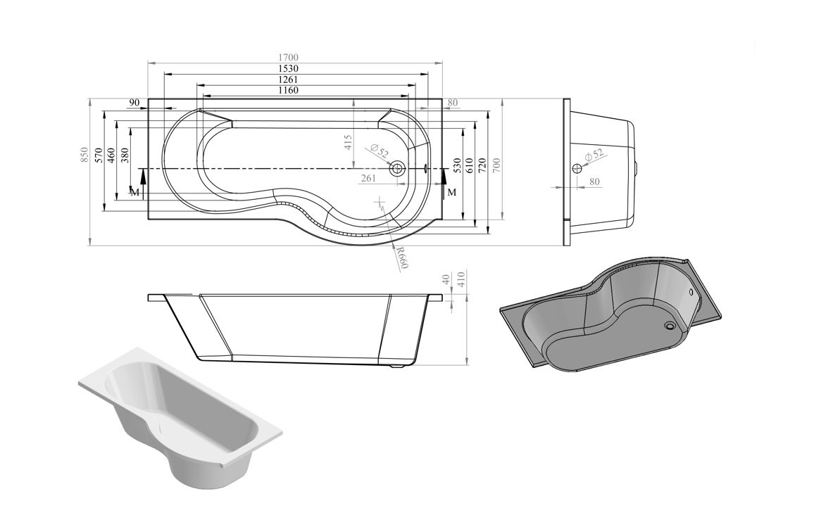 P-Shape Single End 1700x700-850x410mm 0TH Bath Only (RH) - Image 2