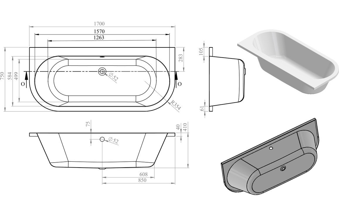 Curra Back To Wall 1700x750x600mm 0TH Bath w/Legs - Image 2