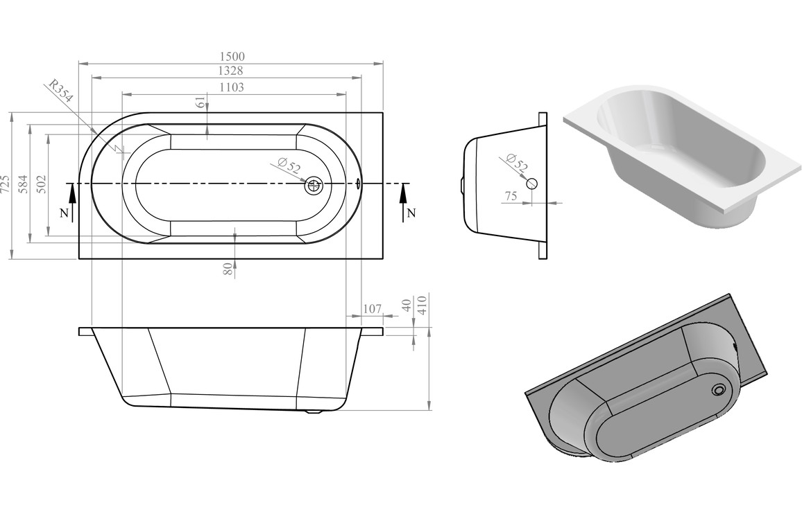 Dumbrock J Shape 1500x725x600mm 0TH Bath w/Legs (LH) - Image 2