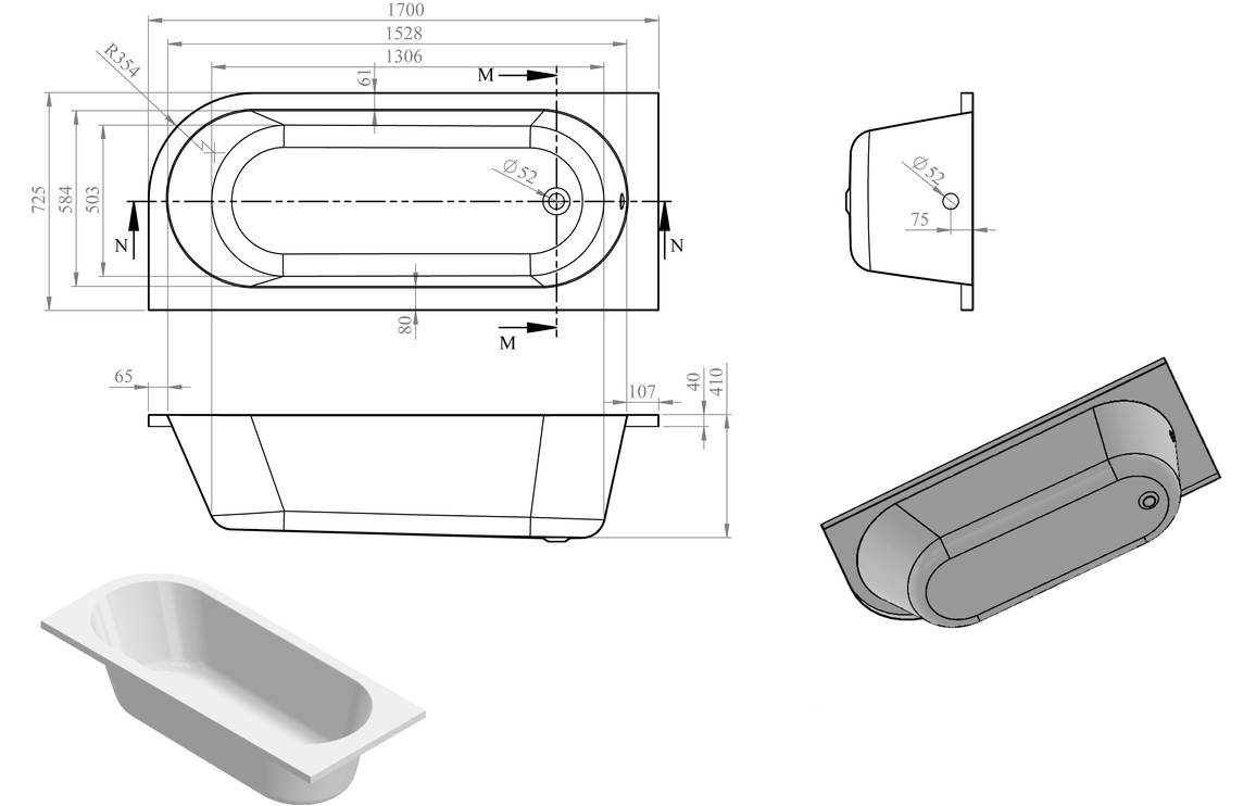 Dumbrock J Shape 1700x725x600mm 0TH Bath w/Legs (LH) - Image 2