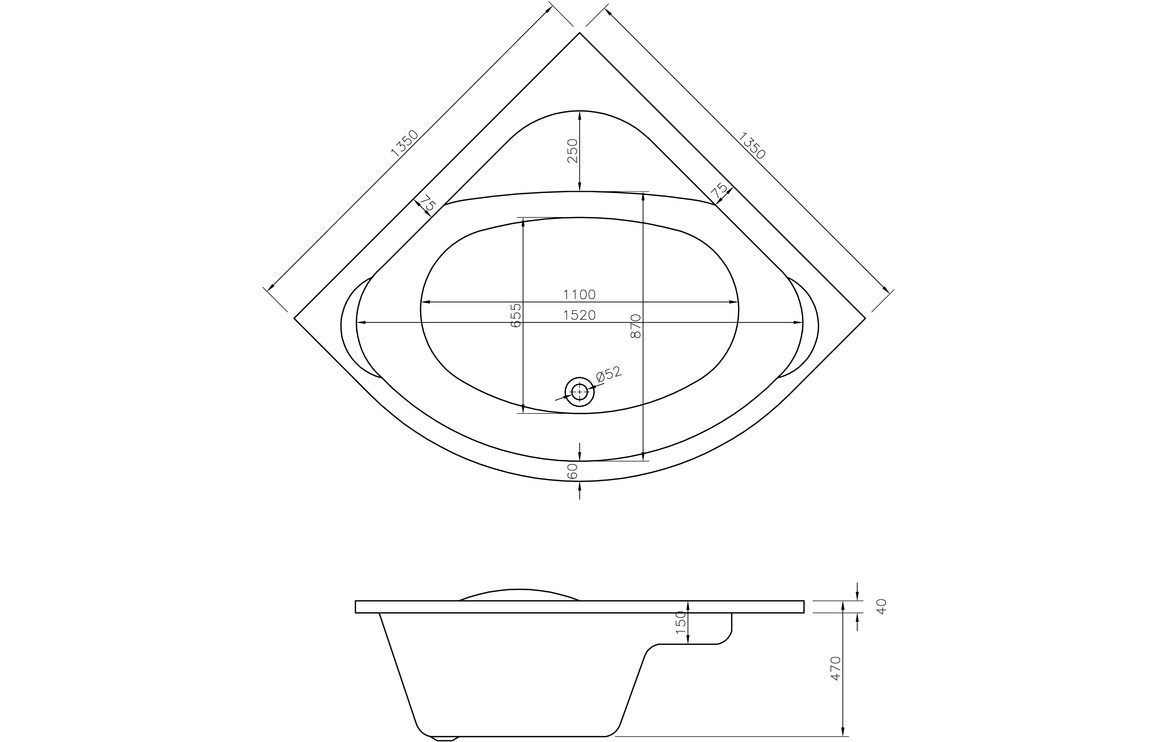 Findlay Standard 1350x1350x620mm 0TH Corner Bath w/Legs - Image 2