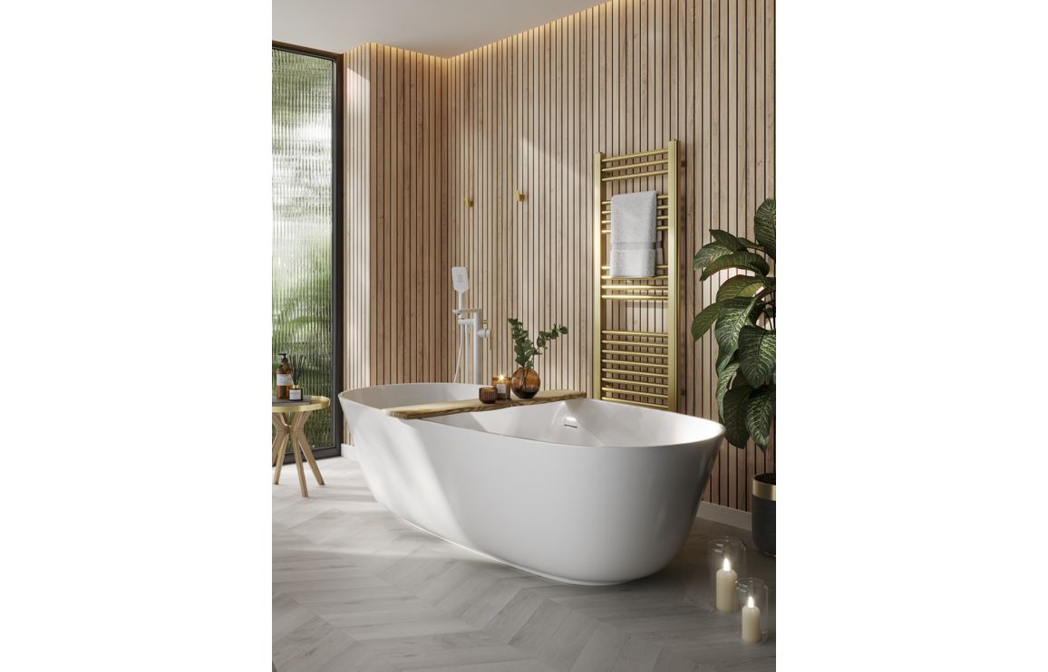 Abode Levarto Floor Standing Bath Shower Mixer - Matt White & Brass - Image 2