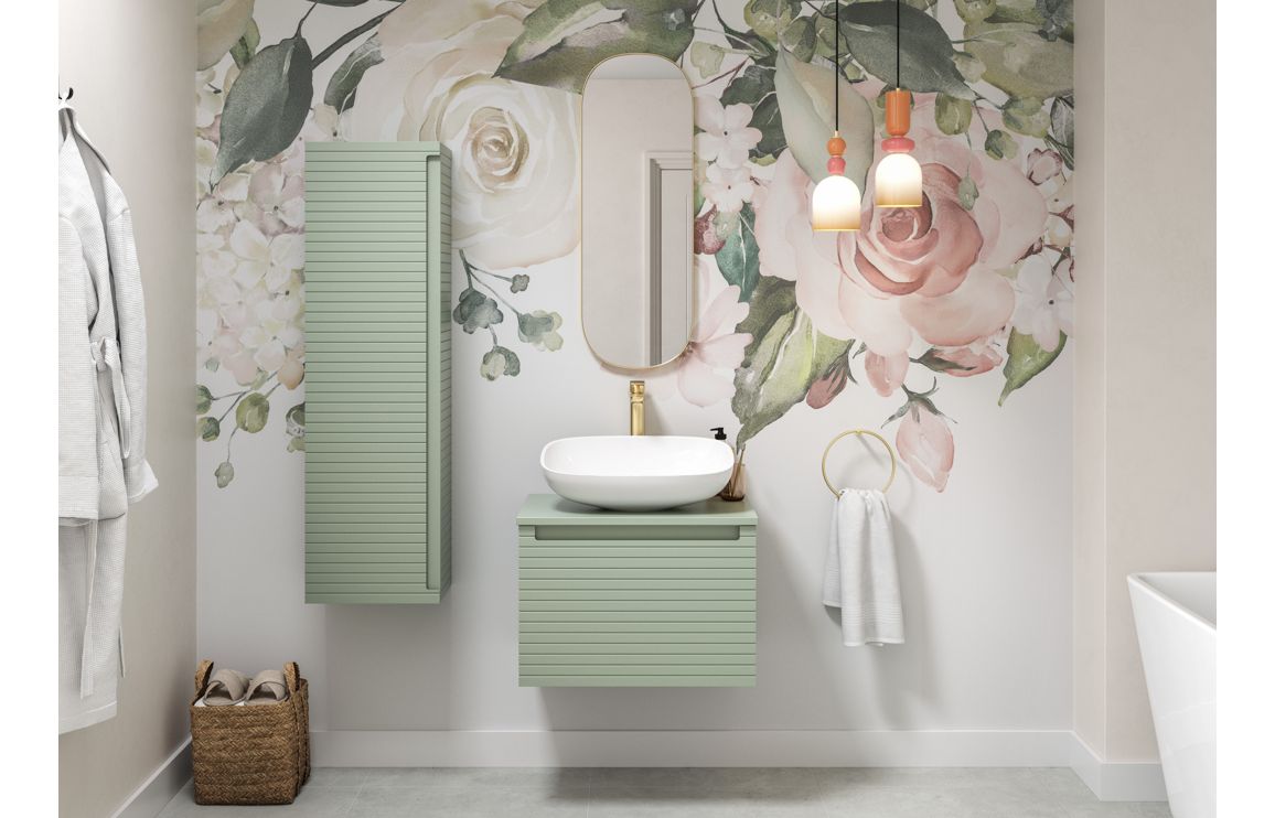 Wyoming 610mm Wall Hung 1 Drawer Basin Unit & Worktop - Matt Willow Green - Image 2