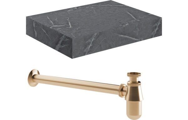 Georgia 600mm Wall Hung Grey Marble Basin Shelf & Brushed Bronze Bottle Trap