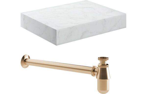 Georgia 600mm Wall Hung White Marble Basin Shelf & Brushed Bronze Bottle Trap
