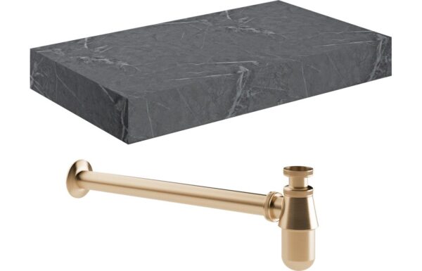 Georgia 800mm Wall Hung Grey Marble Basin Shelf & Brushed Bronze Bottle Trap