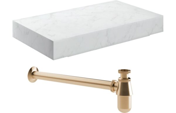 Georgia 800mm Wall Hung White Marble Basin Shelf & Brushed Bronze Bottle Trap