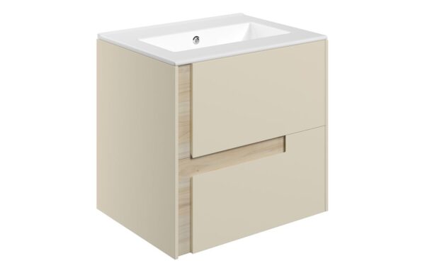 Chicago 615mm Wall Hung 2 Drawer Basin Unit & 0TH White Thin Edge Basin - Matt Cotton & Oak Effect