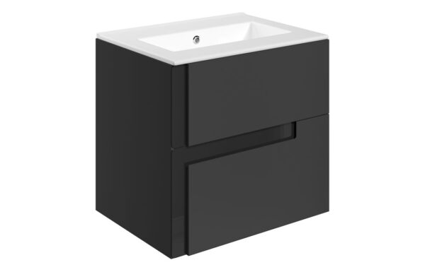 Chicago 615mm Wall Hung 2 Drawer Basin Unit & 0TH White Thin Edge Basin - Matt Black & Glass