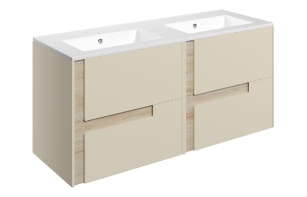 Chicago 1210mm Wall Hung 4 Drawer Basin Unit & 2TH White Basin - Matt Cotton & Oak Effect