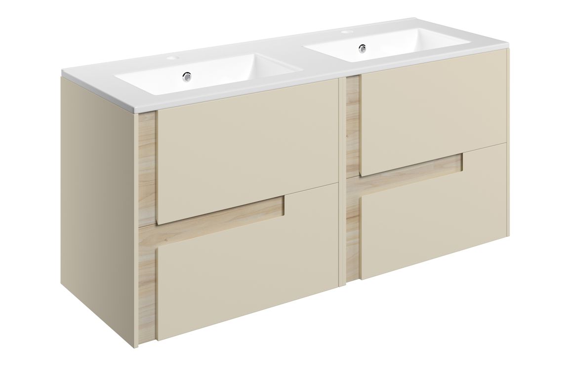Chicago 1210mm Wall Hung 4 Drawer Basin Unit & 0TH White Thin Edge Basin - Matt Cotton & Oak Effect