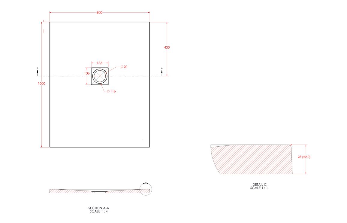 25mm 1000x800mm Slate Effect Ultra-Slim Rectangular Tray & Waste - Image 2