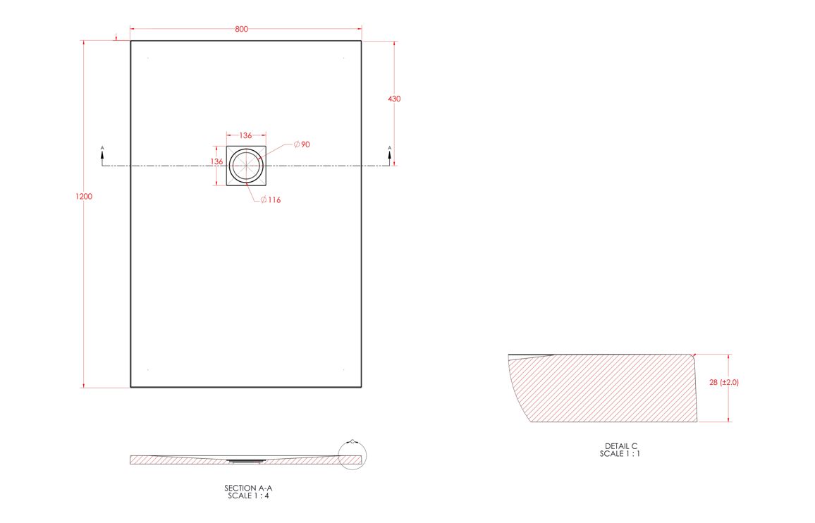 25mm 1200x800mm Slate Effect Ultra-Slim Rectangular Tray & Waste - Image 2