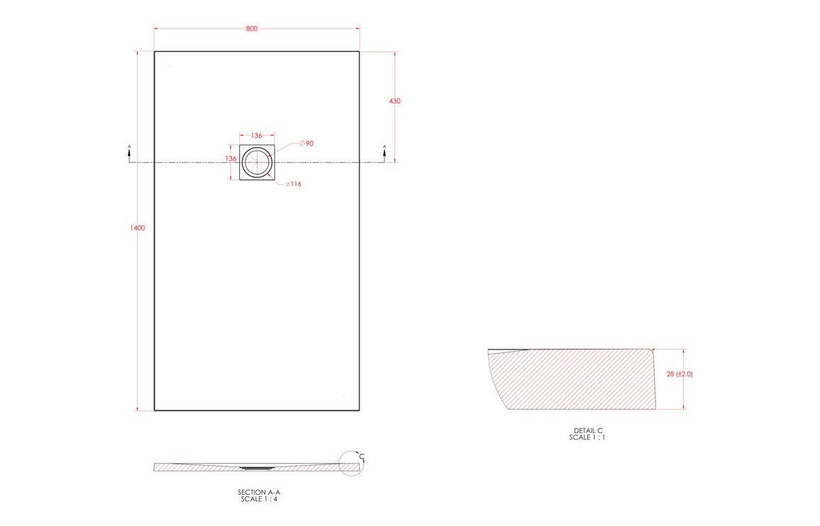 25mm 1400x800mm Slate Effect Ultra-Slim Rectangular Tray & Waste - Image 2