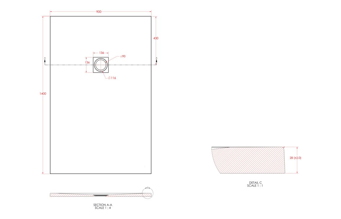 25mm 1400x900mm Slate Effect Ultra-Slim Rectangular Tray & Waste - Image 2