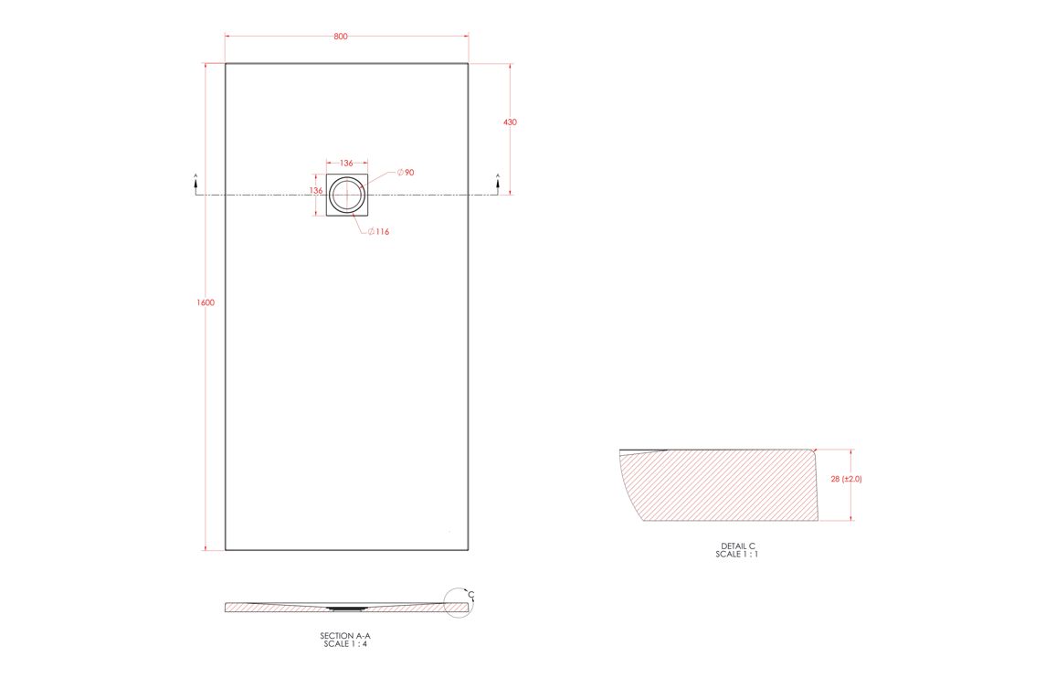 25mm 1600x800mm Slate Effect Ultra-Slim Rectangular Tray & Waste - Image 2
