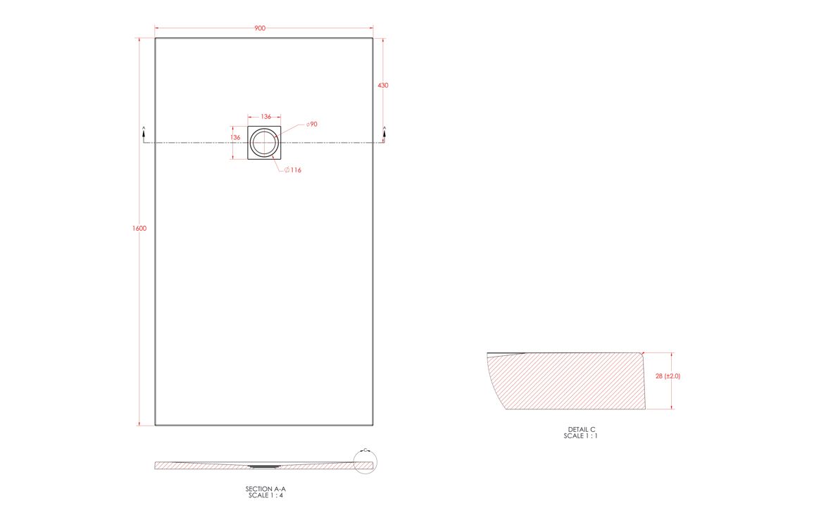 25mm 1600x900mm Slate Effect Ultra-Slim Rectangular Tray & Waste - Image 2