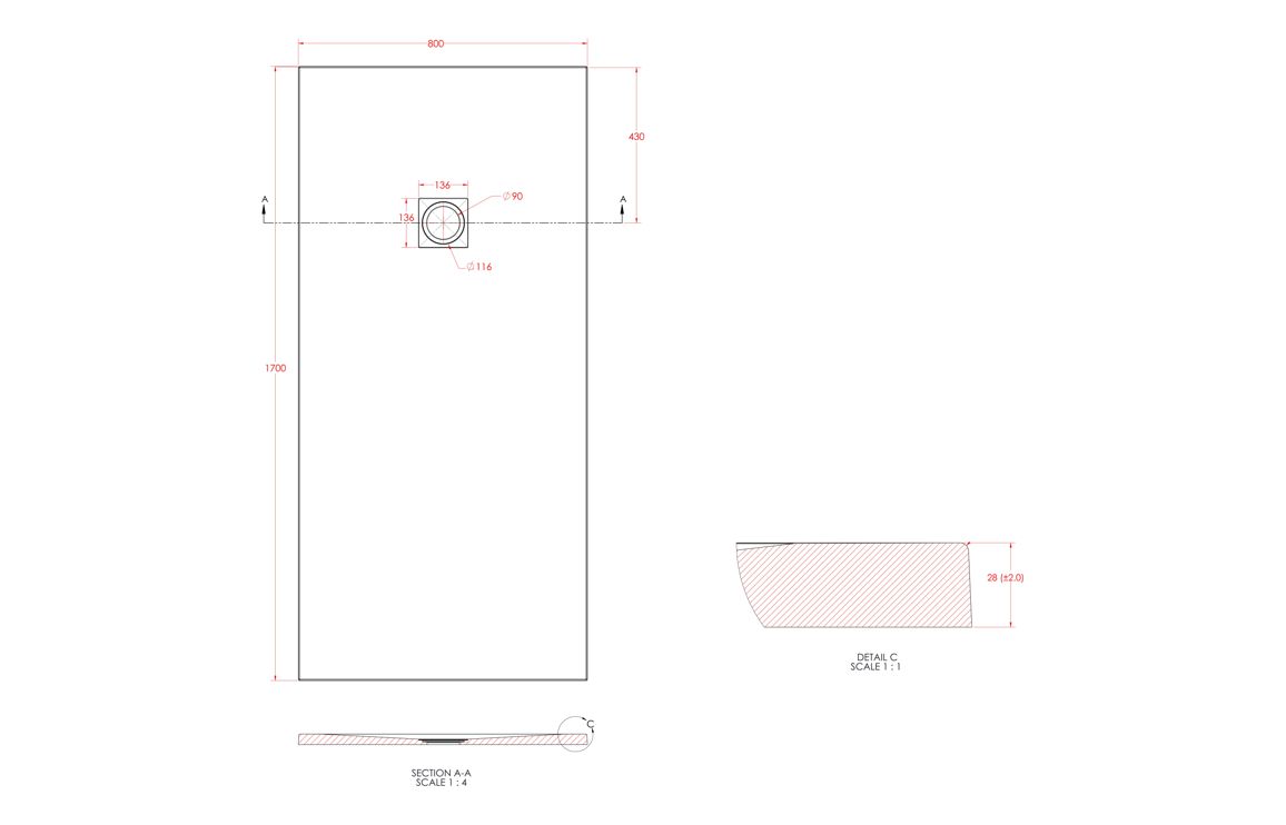 25mm 1700x800mm Slate Effect Ultra-Slim Rectangular Tray & Waste - Image 2