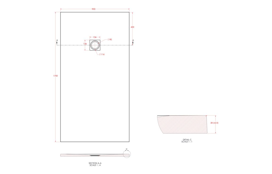 25mm 1700x900mm Slate Effect Ultra-Slim Rectangular Tray & Waste - Image 2